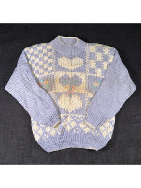 Vintage J.J. Fargo Lavender and Cream Knitted Pullover Sweater with Floral and L